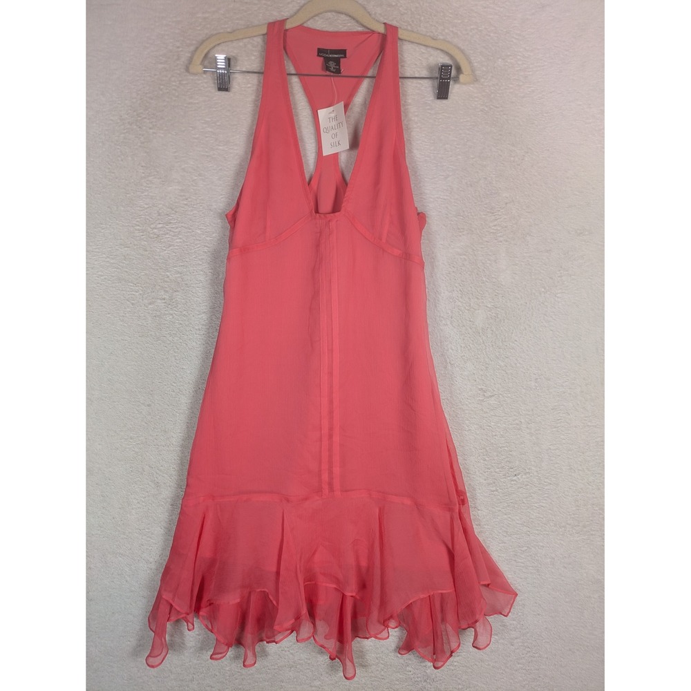 NEW Moda International Dress Women's 6 Coral Silk Racerback Ruffle V-Neck